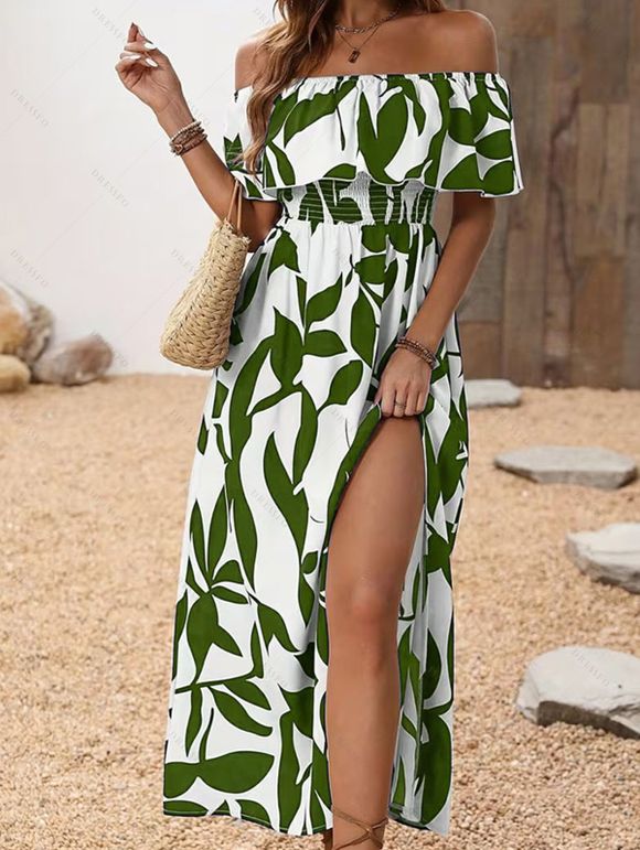 Vacation Couple Outfit Leaf Patten Off the Shoulder Slit Dress and Shirt Drawstring Shorts Set - Vert Armée S | US 4