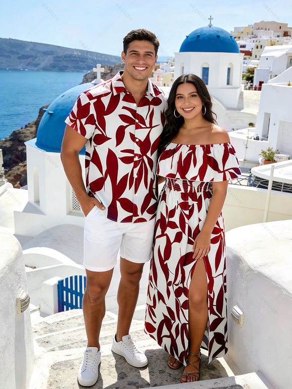 Vacation Couple Outfit Leaf Patten Off the Shoulder Slit Dress and Shirt Drawstring Shorts Set - Rouge foncé S | US 4