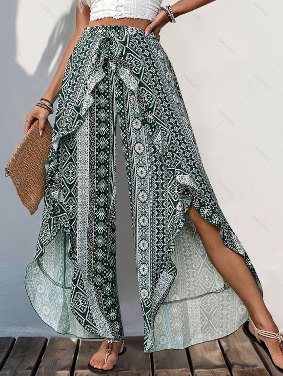 Pantalon de vacances à jambes larges, style ethnique, imprimé géométrique, fentes superposées - Vert profond XL | US 10