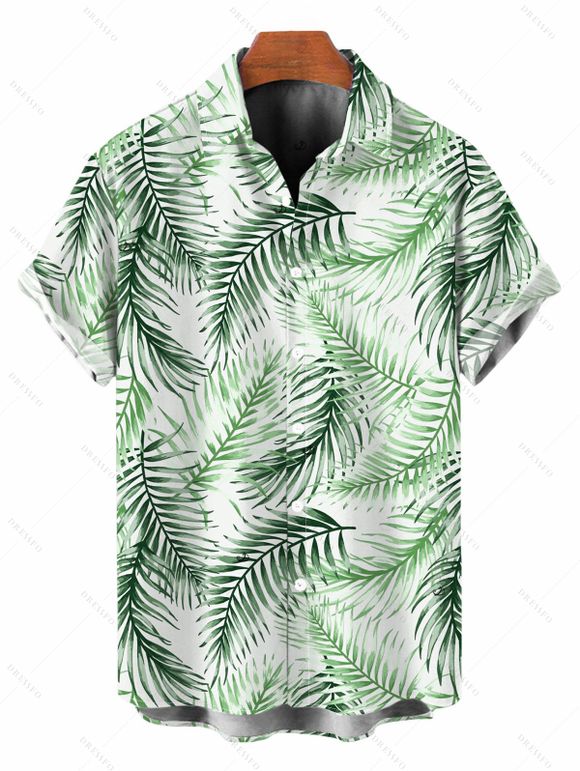 Vacation Couple Outfit Tropical Palm Leaf Print Lace Hollow Out Slit Dress and Shirt Set - Vert clair S | US 4