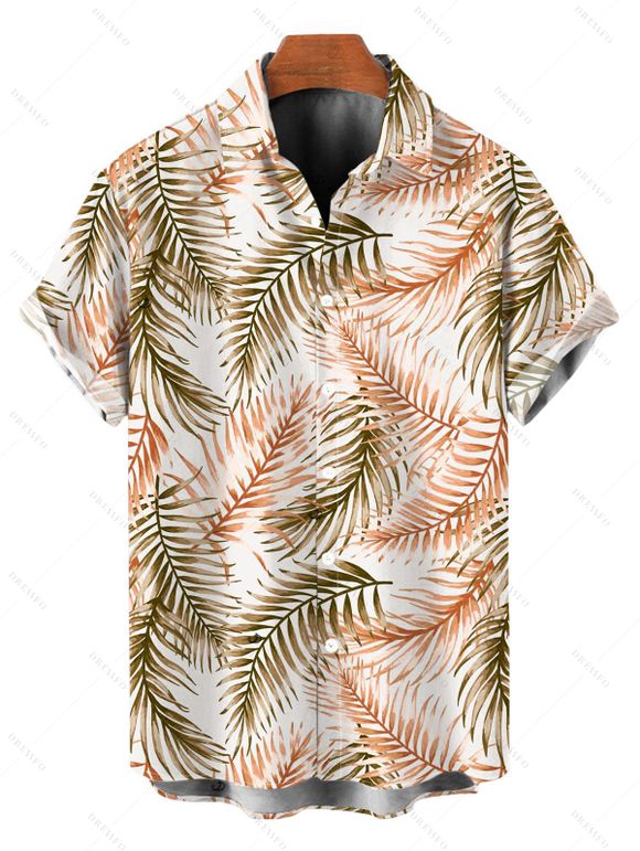 Vacation Couple Outfit Tropical Palm Leaf Print Lace Hollow Out Slit Dress and Shirt Set - Brun Légère S | US 4