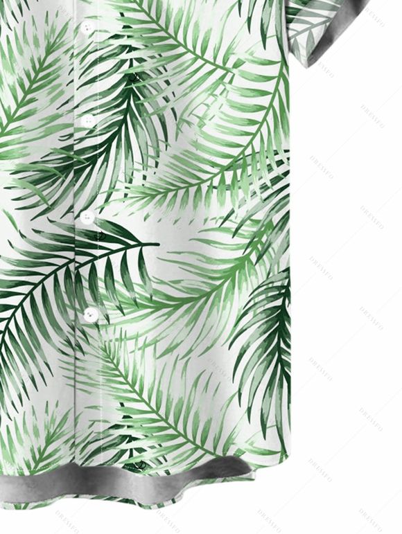 Vacation Couple Outfit Tropical Palm Leaf Print Lace Hollow Out Slit Dress and Shirt Set - Vert clair S | US 4