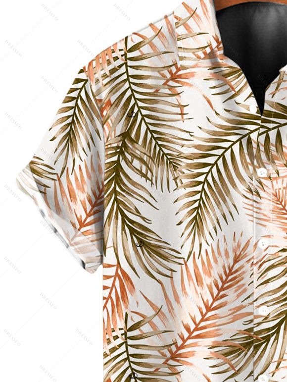 Vacation Couple Outfit Tropical Palm Leaf Print Lace Hollow Out Slit Dress and Shirt Set - Brun Légère S | US 4