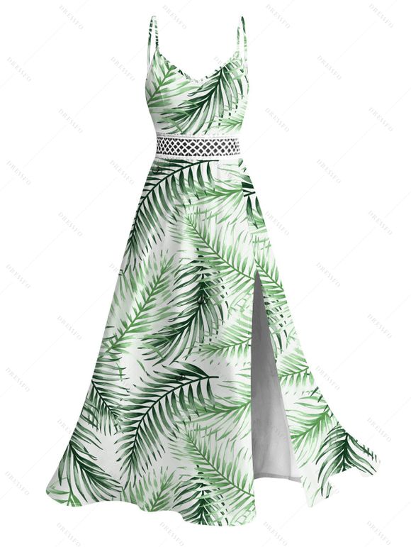 Vacation Couple Outfit Tropical Palm Leaf Print Lace Hollow Out Slit Dress and Shirt Set - Vert clair S | US 4