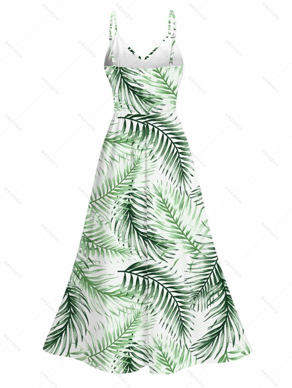 Vacation Couple Outfit Tropical Palm Leaf Print Lace Hollow Out Slit Dress and Shirt Set - Vert clair S | US 4