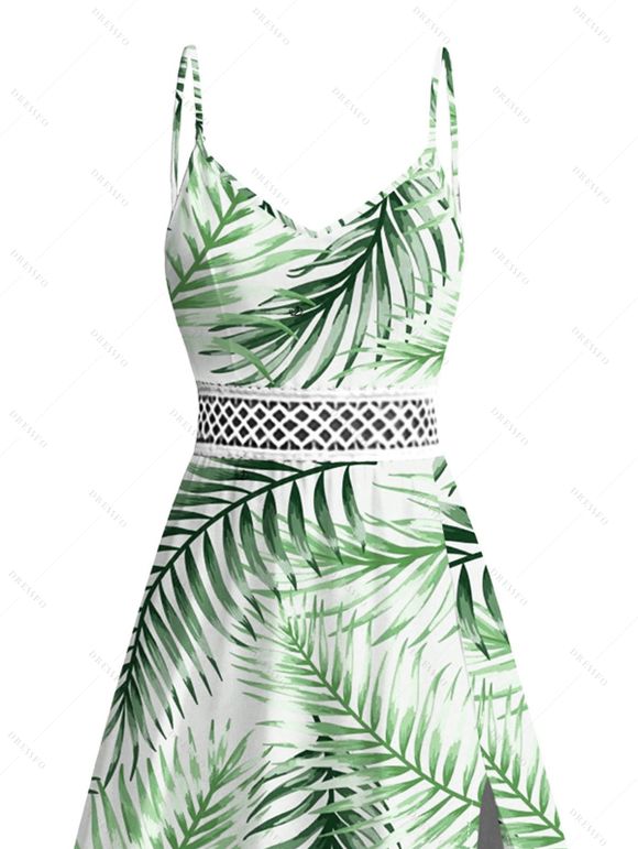 Vacation Couple Outfit Tropical Palm Leaf Print Lace Hollow Out Slit Dress and Shirt Set - Vert clair S | US 4