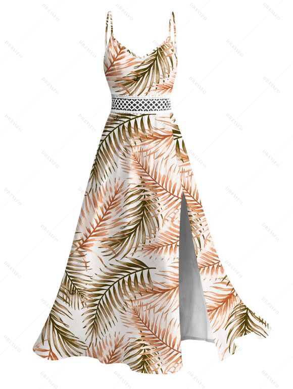 Vacation Couple Outfit Tropical Palm Leaf Print Lace Hollow Out Slit Dress and Shirt Set - Brun Légère S | US 4