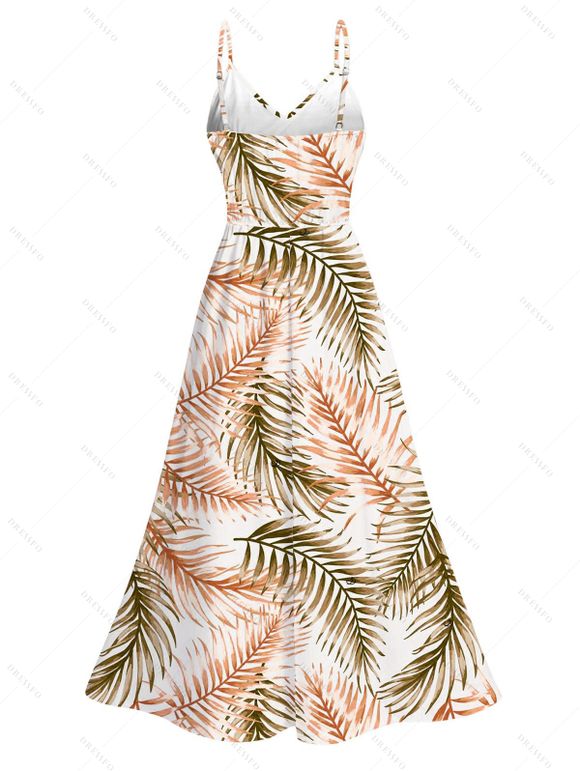 Vacation Couple Outfit Tropical Palm Leaf Print Lace Hollow Out Slit Dress and Shirt Set - Brun Légère S | US 4