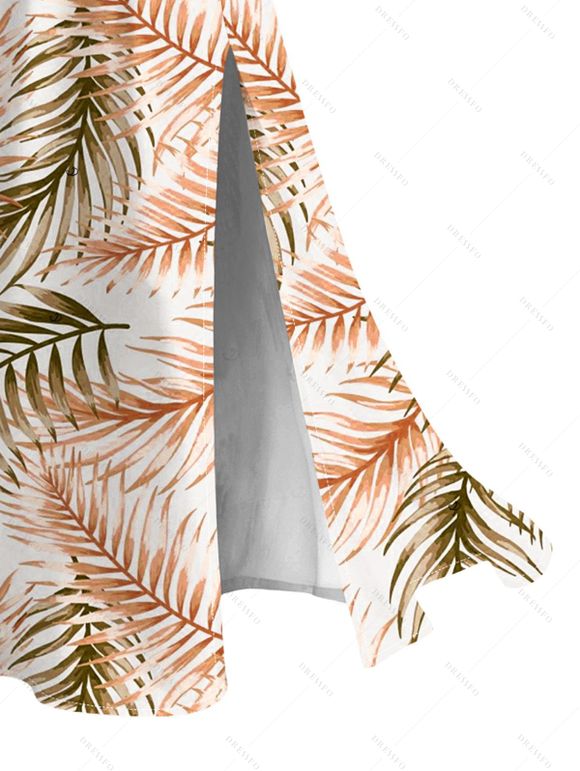 Vacation Couple Outfit Tropical Palm Leaf Print Lace Hollow Out Slit Dress and Shirt Set - Brun Légère S | US 4