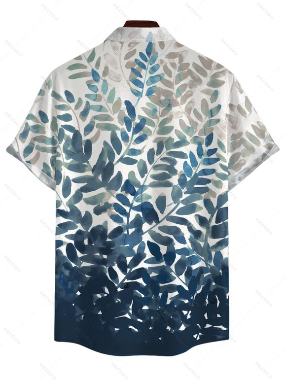 Chemise de vacances pour homme, imprimé feuilles aquarelle ombrées, boutonnée - Paon Bleu XL