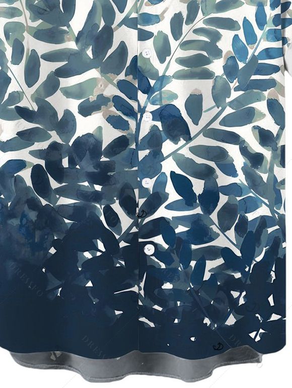 Chemise de vacances pour homme, imprimé feuilles aquarelle ombrées, boutonnée - Paon Bleu XL