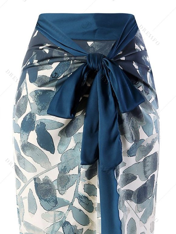 Ensemble maillot de bain une pièce vintage à imprimé feuilles aquarelle et nœud papillon, avec jupe de plage assortie. - Paon Bleu XL | US 10