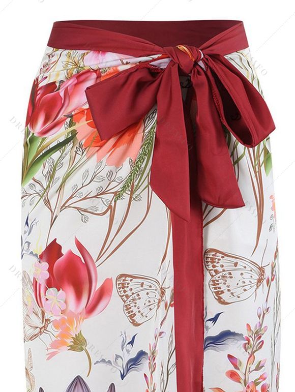 Ensemble maillot de bain une pièce et jupe de plage vintage à imprimé aquarelle de fleurs sauvages et nœud papillon - Grenade rouge XL | US 10