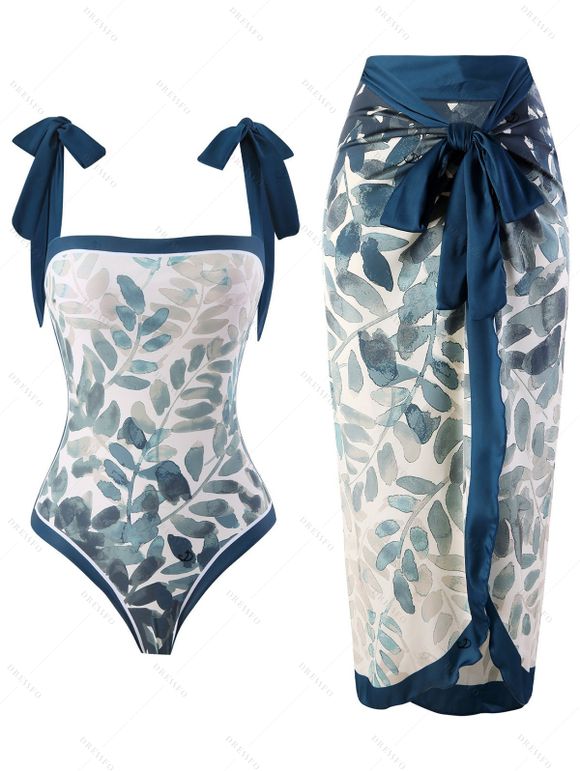 Vacation Couple Outfit Watercolor Leaf Print Bowknot One-piece Swimsuit Cover-up Skirt and Shirt Set - Paon Bleu S | US 4