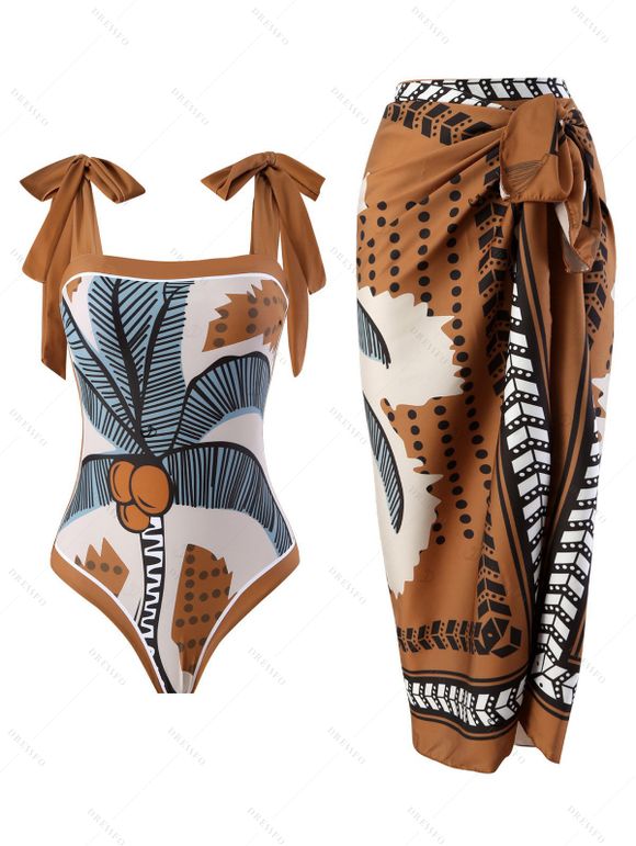 Vacation Couple Outfit Tropical Coconut Tree Print One-piece Swimsuit Cover-up Skirt and Shirt Set - Brun Légère S | US 4