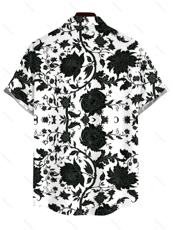Chemise de vacances pour homme, style rétro, bleu et blanc, imprimé floral porcelaine, boutonnée - Noir 5XL