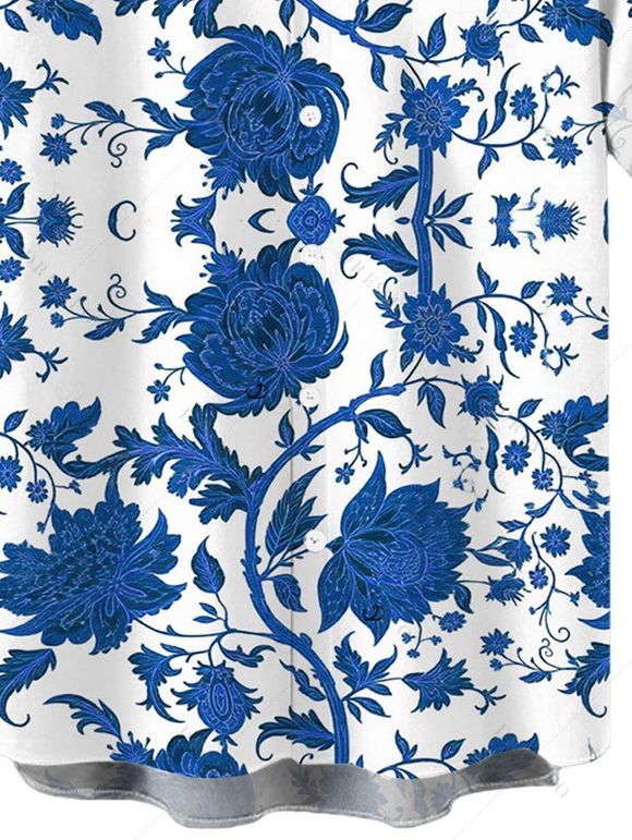 Chemise de vacances pour homme, style rétro, bleu et blanc, imprimé floral porcelaine, boutonnée - Bleu S