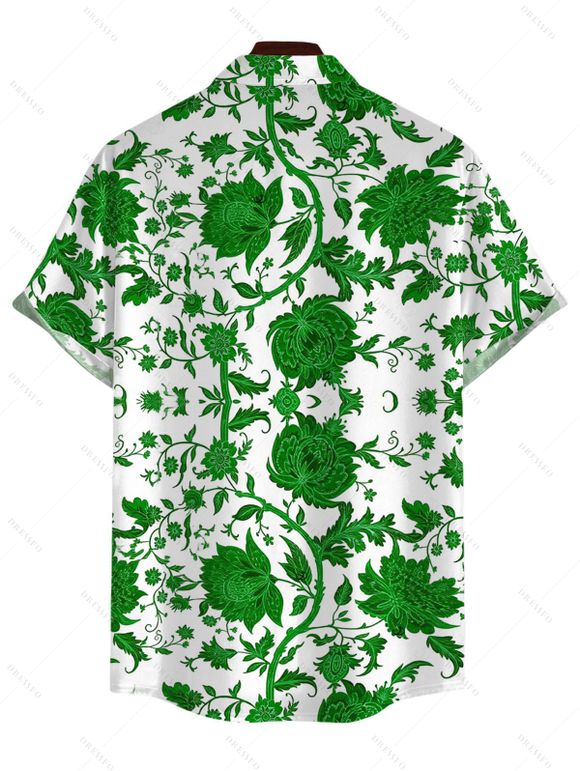 Chemise de vacances pour homme, style rétro, bleu et blanc, imprimé floral porcelaine, boutonnée - Vert 5XL