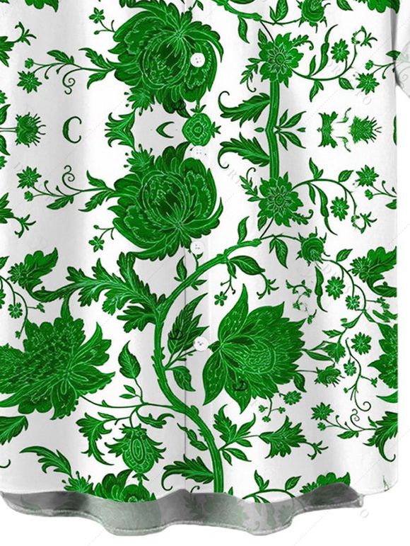 Chemise de vacances pour homme, style rétro, bleu et blanc, imprimé floral porcelaine, boutonnée - Vert 5XL
