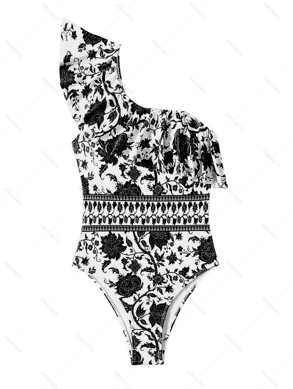 Vacation Couple Outfit Retro Floral Print Flounce One Shoulder One-piece Swimsuit and Shirt Set - Noir S | US 4