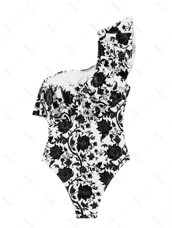 Vacation Couple Outfit Retro Floral Print Flounce One Shoulder One-piece Swimsuit and Shirt Set - Noir S | US 4
