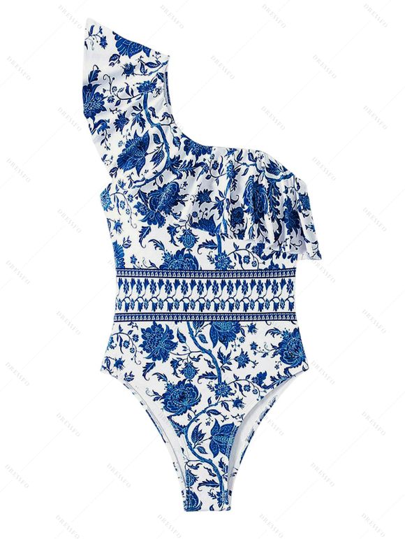 Vacation Couple Outfit Retro Floral Print Flounce One Shoulder One-piece Swimsuit and Shirt Set - Bleu S | US 4