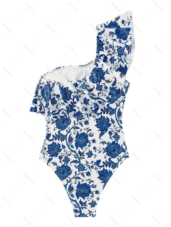 Vacation Couple Outfit Retro Floral Print Flounce One Shoulder One-piece Swimsuit and Shirt Set - Bleu S | US 4