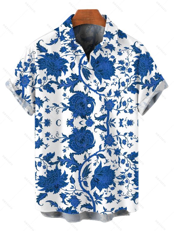 Vacation Couple Outfit Retro Floral Print Flounce One Shoulder One-piece Swimsuit and Shirt Set - Bleu S | US 4