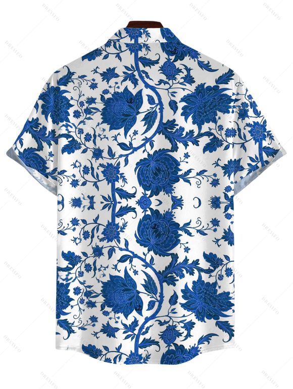 Vacation Couple Outfit Retro Floral Print Flounce One Shoulder One-piece Swimsuit and Shirt Set - Bleu S | US 4