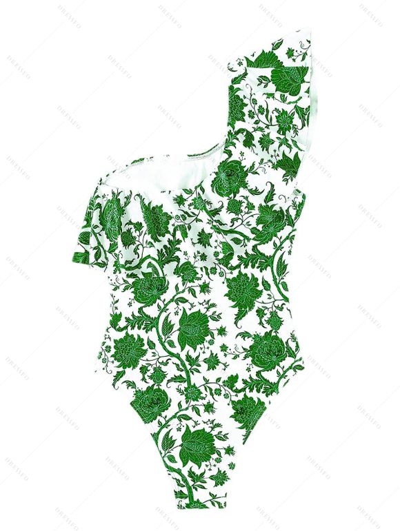 Vacation Couple Outfit Retro Floral Print Flounce One Shoulder One-piece Swimsuit and Shirt Set - Vert S | US 4