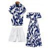 Vacation Couple Outfit Leaf Patten Off the Shoulder Slit Dress and Shirt Drawstring Shorts Set