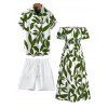 Vacation Couple Outfit Leaf Patten Off the Shoulder Slit Dress and Shirt Drawstring Shorts Set