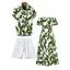 Vacation Couple Outfit Leaf Patten Off the Shoulder Slit Dress and Shirt Drawstring Shorts Set - Rouge foncé S | US 4