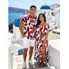 Vacation Couple Outfit Leaf Patten Off the Shoulder Slit Dress and Shirt Drawstring Shorts Set - Rouge foncé S | US 4