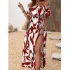 Vacation Couple Outfit Leaf Patten Off the Shoulder Slit Dress and Shirt Drawstring Shorts Set - Rouge foncé S | US 4