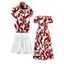 Vacation Couple Outfit Leaf Patten Off the Shoulder Slit Dress and Shirt Drawstring Shorts Set - Rouge foncé S | US 4