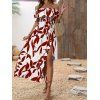 Vacation Couple Outfit Leaf Patten Off the Shoulder Slit Dress and Shirt Drawstring Shorts Set - Rouge foncé S | US 4