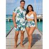Hawaii Couple Outfit Solid Color Cinched Swim Top Tropical Plant Leaf Pattern Bowknot Boyshorts Tankini Set and Roll Up Sleeve Shirt Vacation Outfit - Blanc S | US 4