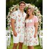 Vacation Couple Outfit Floral Print Waisted Cami Dress Lace Up Crop Top Set and Button Up Shirt Matching Outfit - Blanc S | US 4