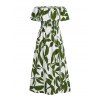Vacation Couple Outfit Leaf Patten Off the Shoulder Slit Dress and Shirt Set - Vert Armée S | US 4