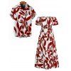 Tropical Leaf Matching Couple Vacation Outfit Off Shoulder Slit Maxi Dress and Hawaiian Shirt Set - Rouge foncé S | US 4