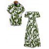 Vacation Couple Outfit Leaf Patten Off the Shoulder Slit Dress and Shirt Set - Vert Armée S | US 4