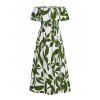 Robe de vacances à motif de feuilles, épaules dénudées et fente - Vert Armée XL | US 10