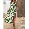 Robe de vacances à motif de feuilles, épaules dénudées et fente - Vert Armée XL | US 10