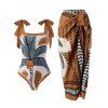 Ensemble maillot de bain une pièce vintage à imprimé tropical cocotier et nœud papillon, avec jupe de plage assortie. - Brun Légère XL | US 10