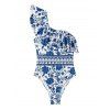 Maillot de bain une pièce de vacances bleu et blanc à imprimé floral porcelaine, à volants et une épaule - Bleu Marine XL | US 10