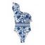 Maillot de bain une pièce de vacances bleu et blanc à imprimé floral porcelaine, à volants et une épaule - Vert XL | US 10