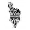 Maillot de bain une pièce de vacances bleu et blanc à imprimé floral porcelaine, à volants et une épaule - Noir XL | US 10