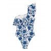 Vacation Couple Outfit Retro Floral Print Flounce One Shoulder One-piece Swimsuit and Shirt Set - Bleu S | US 4