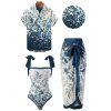 Vacation Couple Outfit Watercolor Leaf Print Bowknot One-piece Swimsuit Cover-up Skirt and Shirt Set - Paon Bleu S | US 4